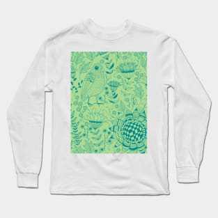 Bird and flowers doodle pattern green Long Sleeve T-Shirt